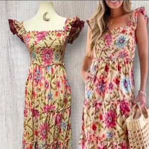 House of Harlow Zoey Khaki Abstract Floral Bohemian Smocked Maxi Dress Small EUC